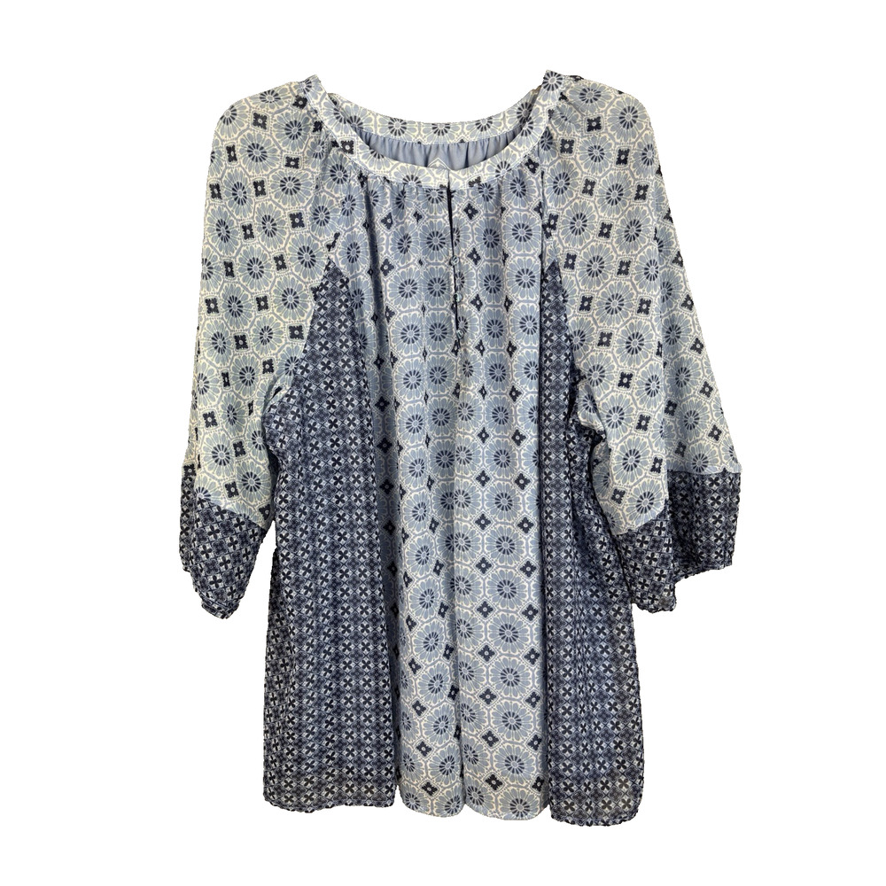 St Johns Bay Peasant Blouse Womens 1X Blue Blouson Sleeve Cottagecore Boho